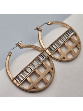 Vintage Kenneth Cole Gold Tone Antique Finish Baguette Rhinestones Hoop Earrings